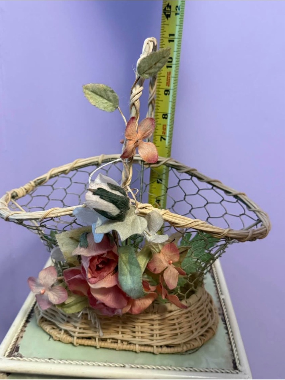 Vintage Cottagecore Chicken Wire Basket with Wicker Base and Faux Floral Accents